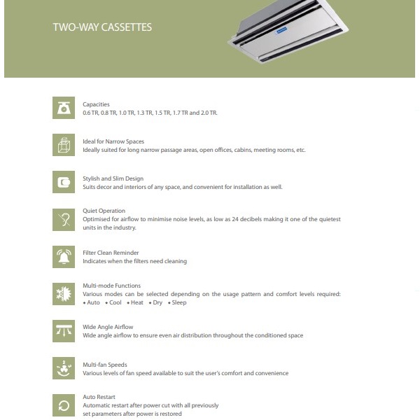 Blue Star VRF 2-way Cassette Indoor Units Specifications